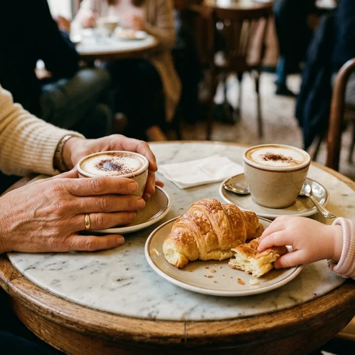 Cappuccini e una brioche al bar, con la manina di un bimbo che ne prende un pezzo