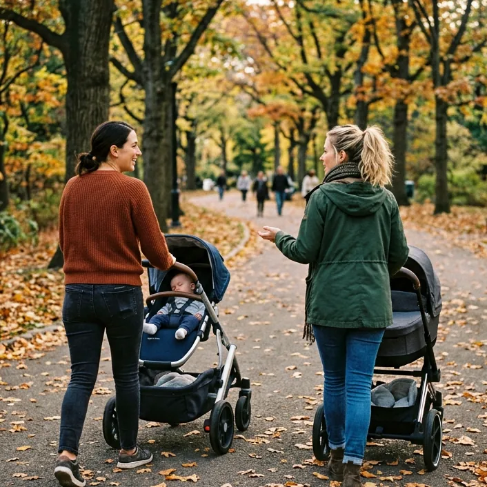 Due mamme passeggiano con i passeggini in un viale alberato d'autunno