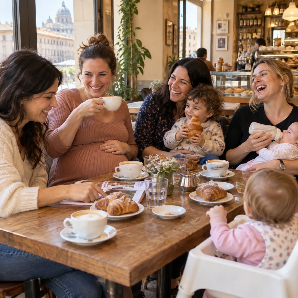 Mamme a colazione al bar con cappuccini e cornetti: una è in dolce attesa, una tiene in braccio il figlio col cornetto, un'altra dà il biberon al suo bimbo