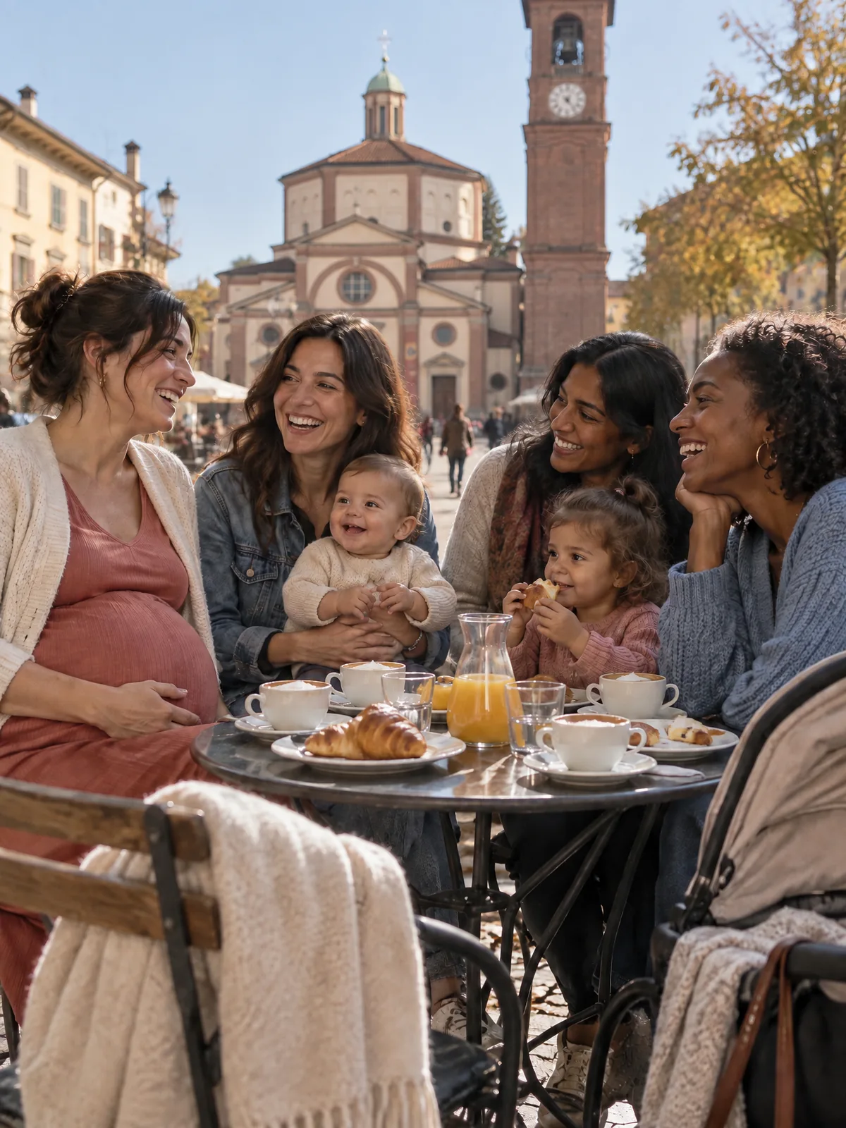 Quattro mamme ridono a una colazione all'aperto in piazza San Magno: una è in dolce attesa, una tiene in braccio un bimbo, un'altra ha accanto la figlia che mangia un cornetto